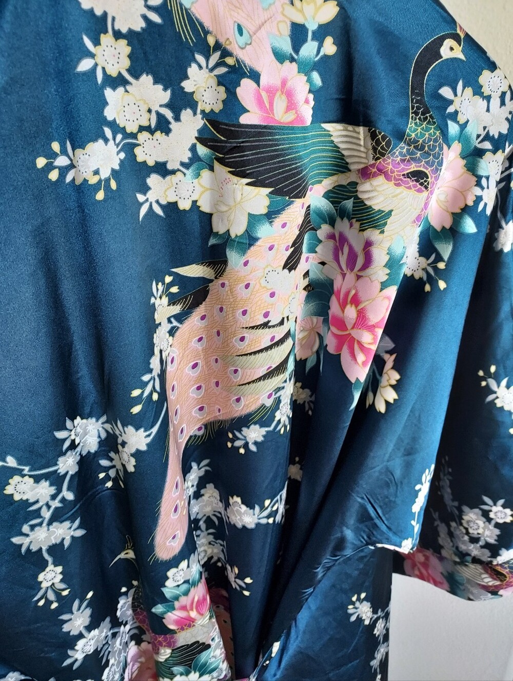Kim + Ono Long Royal Blue Floral Satin Kimono Robe / Like New - Picture 4 of 9